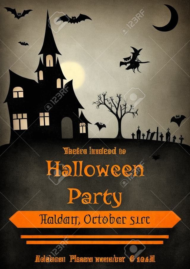 illustratie van Halloween feest uitnodiging in vintage stijl versierd met spookhuis, vleermuizen, heks, spoken en andere Halloween symbolen