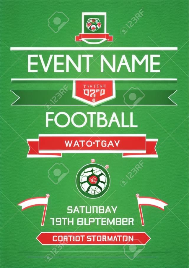 Vector illustration of sport flyer invitation card with realistic grass background. Football tournament design template.