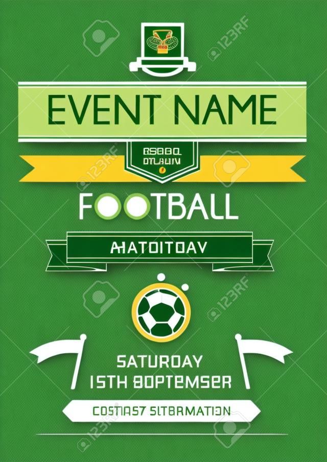 Vector illustration of sport flyer invitation card with realistic grass background. Football tournament design template.