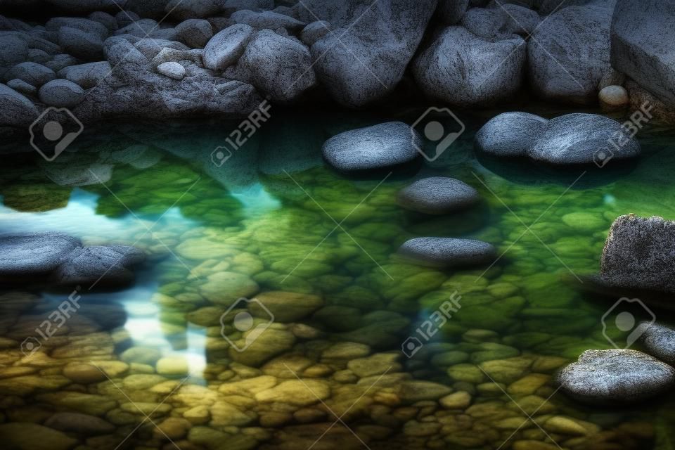 Pond water stones landscape Wet stones by mood lake shore. Sky in reflection. Beautiful small garden pond with stone shores. Balance harmony relaxation and peace concept. Scenic photo, copy space
