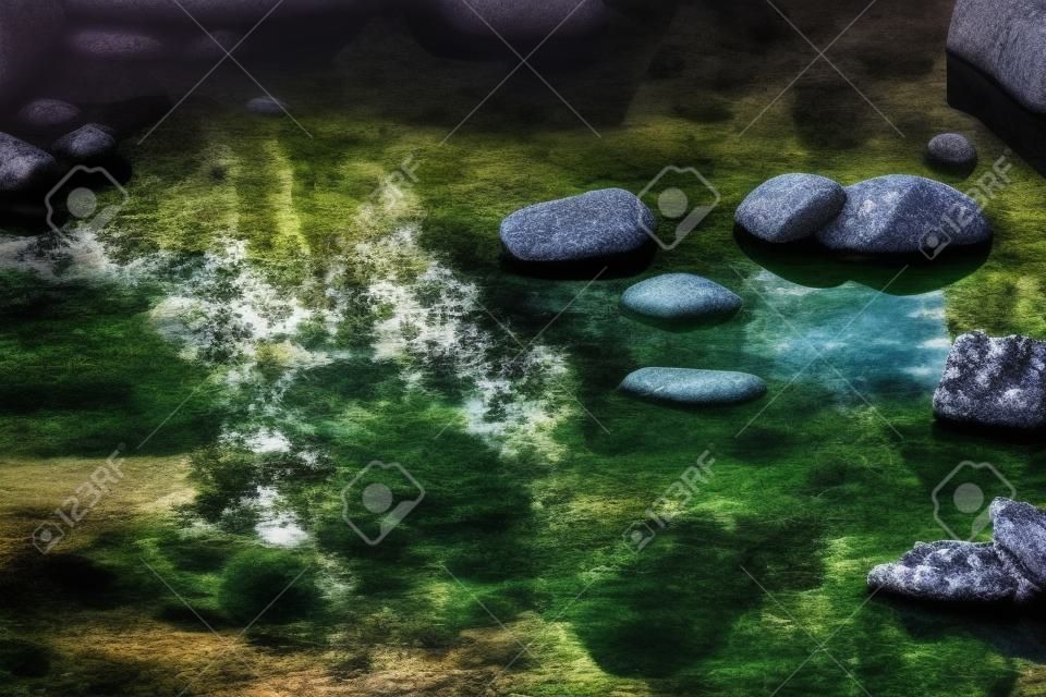 Pond water stones landscape Wet stones by mood lake shore. Sky in reflection. Beautiful small garden pond with stone shores. Balance harmony relaxation and peace concept. Scenic photo, copy space