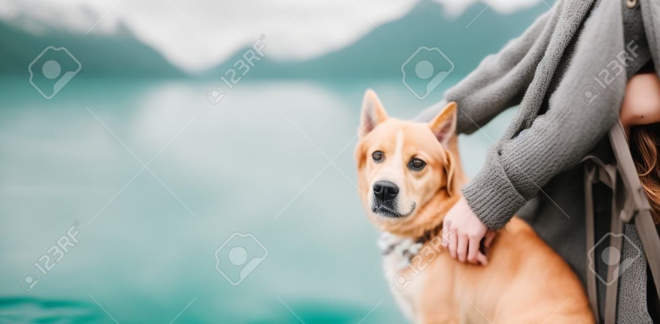 tourist friend girl together tender dog, female hands hugging puppy pet on lake shore nature trip, friendship love concept