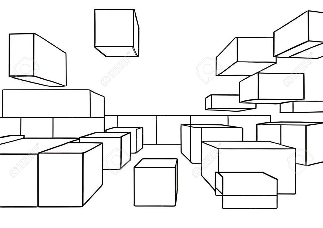 Muchos cubos en perspectiva lineal con un punto de desaparecer aislados en blanco