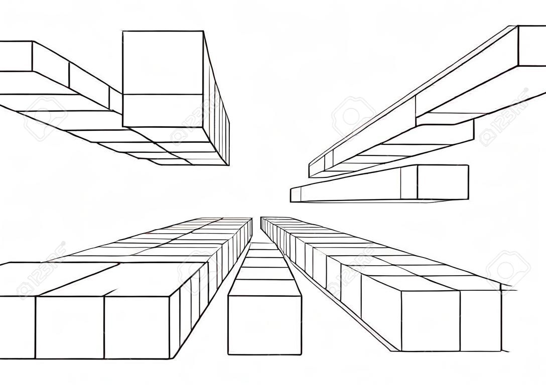 Muchos cubos en perspectiva lineal con un punto de desaparecer aislados en blanco