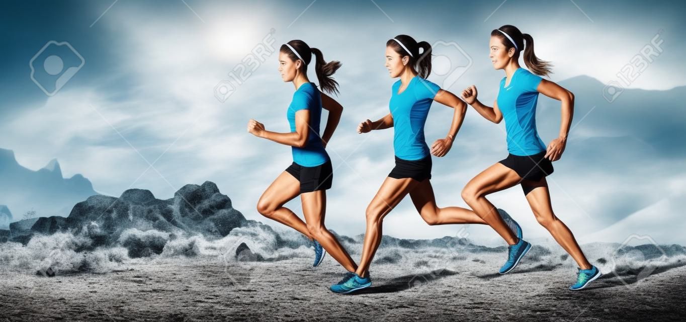 Running woman - runner in speed showing sprinting motion. Female sport athlete sprinter composite in beautiful nature landscape. Fit fitness model in fast sprint run in dramatic nature landscape.