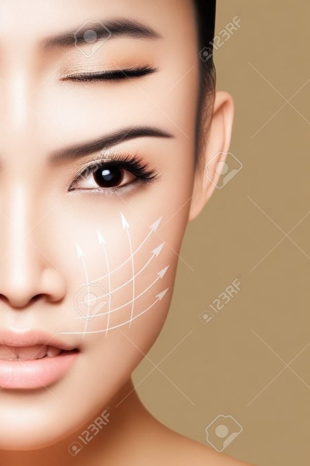 Lifting facial tratamiento anti-envejecimiento - Retrato de mujer asiática con líneas gráficas que muestran efecto lifting facial en la piel.