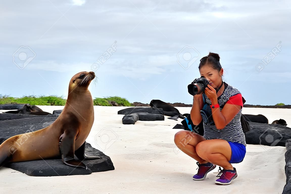 Turista del fotografo di natura animale della fauna selvatica sulle Galapagos guardando il leone marino delle Galapagos che scatta foto sulla nave da crociera delle Galapagos viaggio avventura vacanze vacanze, isola di Espanola, Ecuador Sud America