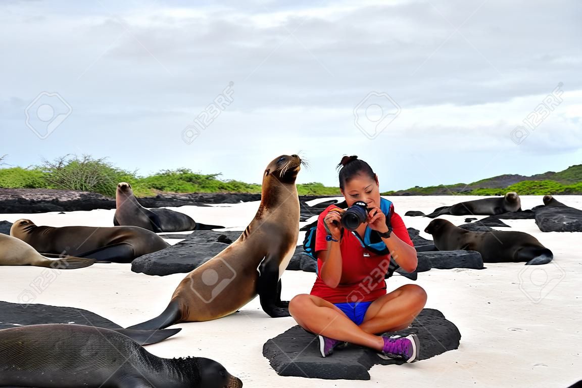 Fotógrafo de naturaleza de vida silvestre animal turista en Galápagos mirando León marino de Galápagos tomando fotos en crucero de Galápagos viajes de aventura vacaciones vacaciones, Isla Española, Ecuador Sudamérica