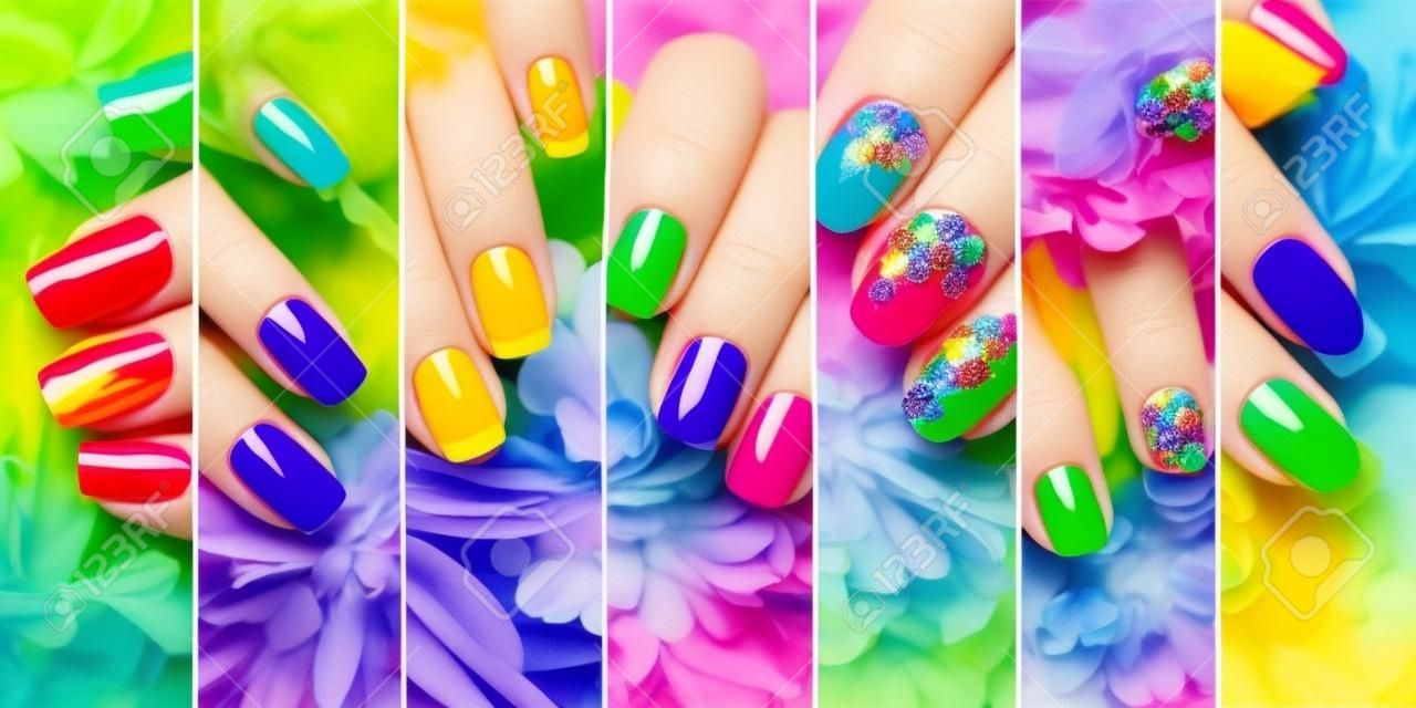 Colorful rainbow collection of nail designs for summer and winter holidays.