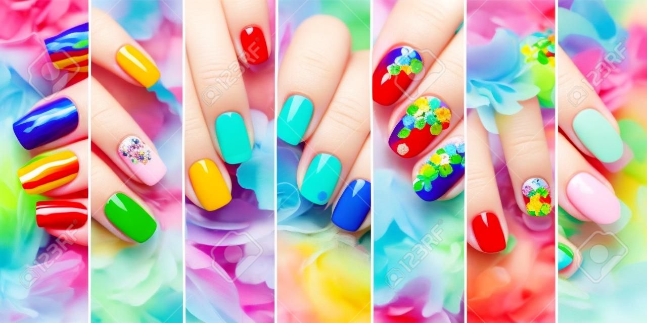Colorful rainbow collection of nail designs for summer and winter holidays.