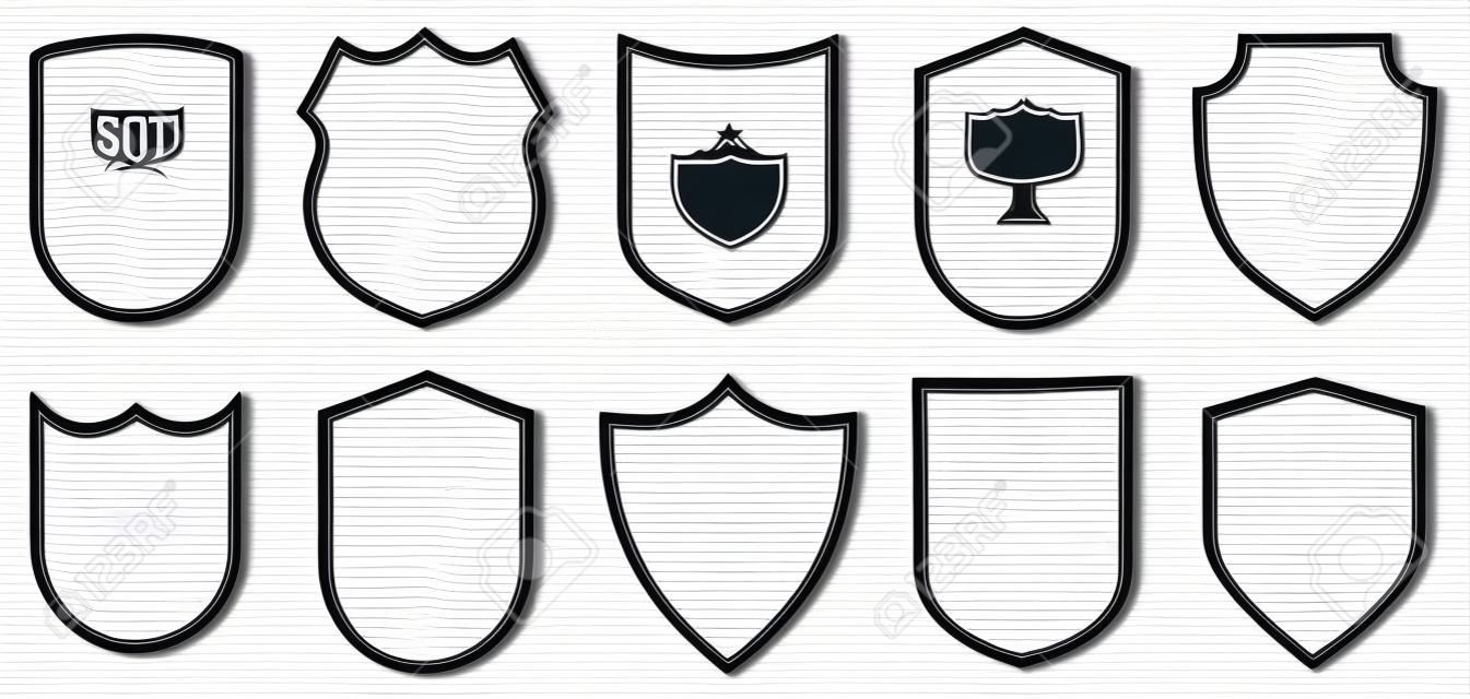 Conjunto de forma de emblema de contorno. Estilo de arte de linha. Segurança, patches de futebol isolados no fundo branco