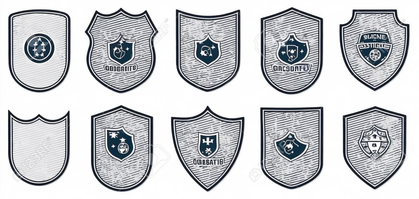 Conjunto de forma de emblema de contorno. Estilo de arte de linha. Segurança, patches de futebol isolados no fundo branco