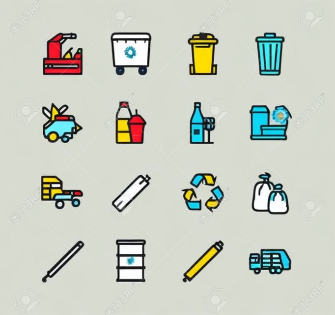 Reciclaje y clasificación del conjunto de iconos planos de la línea de residuos. Clasificación de basura. Basura de ilustración vectorial, fábrica, camión de basura, basura radiactiva. Trazos editables.