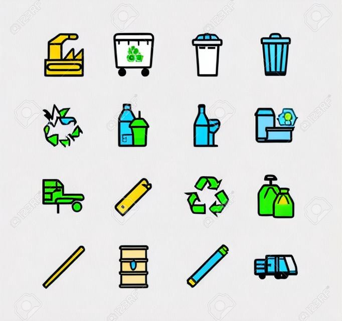 Reciclaje y clasificación del conjunto de iconos planos de la línea de residuos. Clasificación de basura. Basura de ilustración vectorial, fábrica, camión de basura, basura radiactiva. Trazos editables.