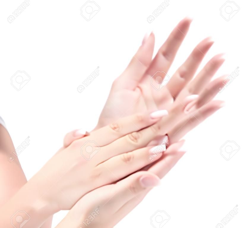 Frau zwei Hände klatschen, isoliert auf weißem Hintergrund