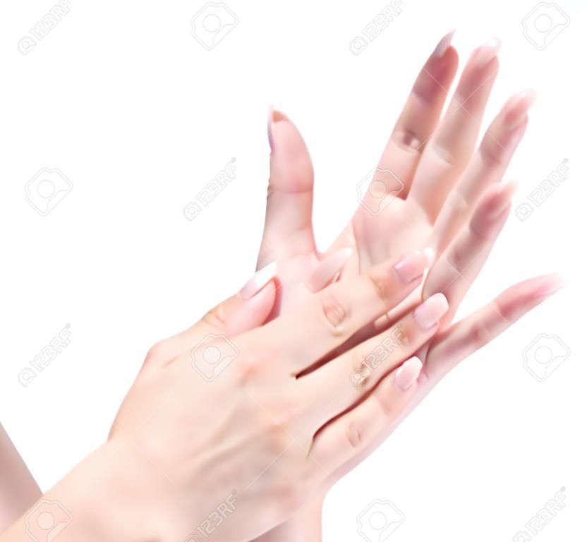 two woman hands applauding, isolated on white background