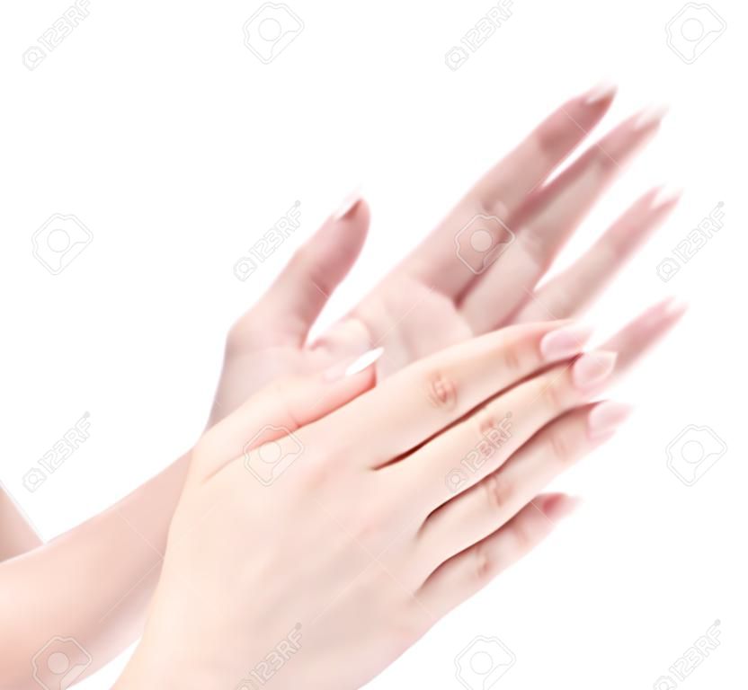 Frau zwei Hände klatschen, isoliert auf weißem Hintergrund