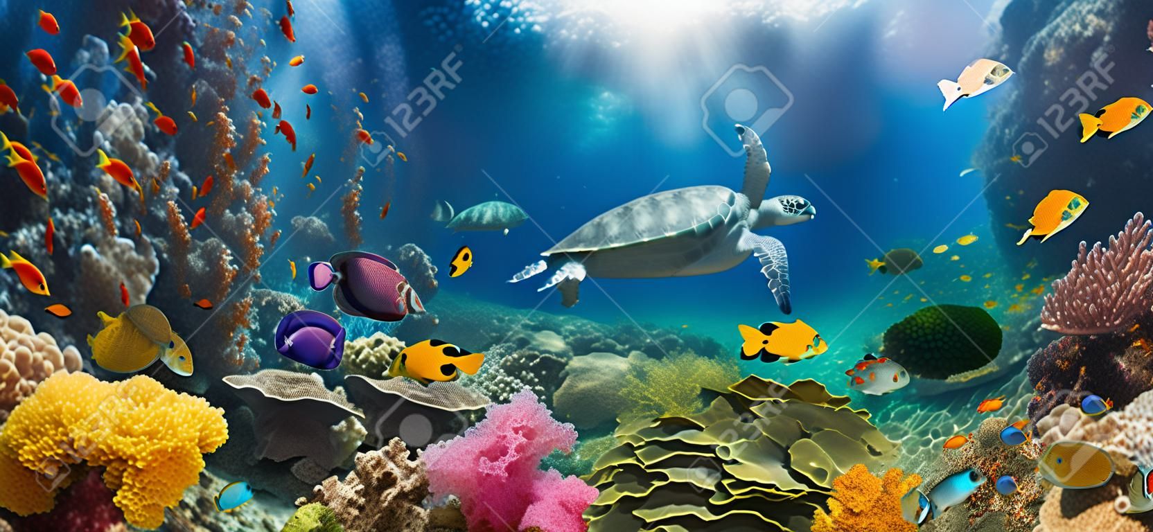 Unterwasserparadies-Hintergrund - Korallenriff-Tierwelt-Naturcollage mit Meeresschildkröte und buntem Fischhintergrund