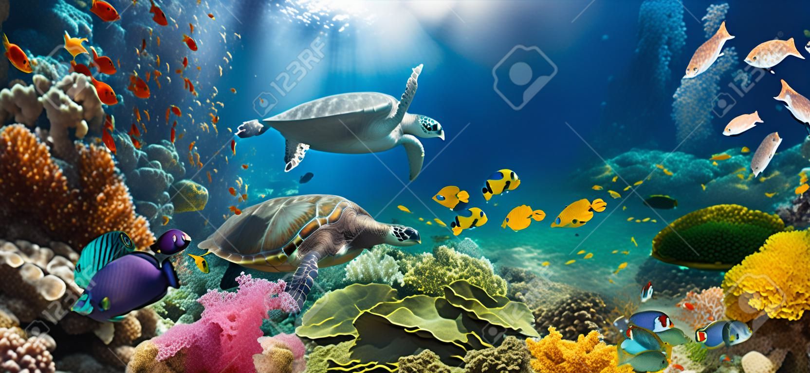 Unterwasserparadies-Hintergrund - Korallenriff-Tierwelt-Naturcollage mit Meeresschildkröte und buntem Fischhintergrund