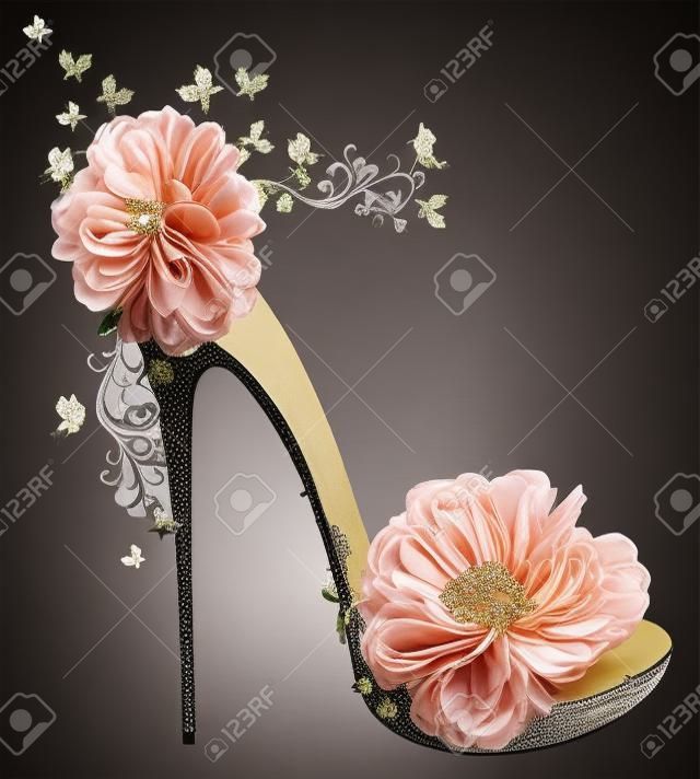 Los tacones altos zapatos del vintage con flores