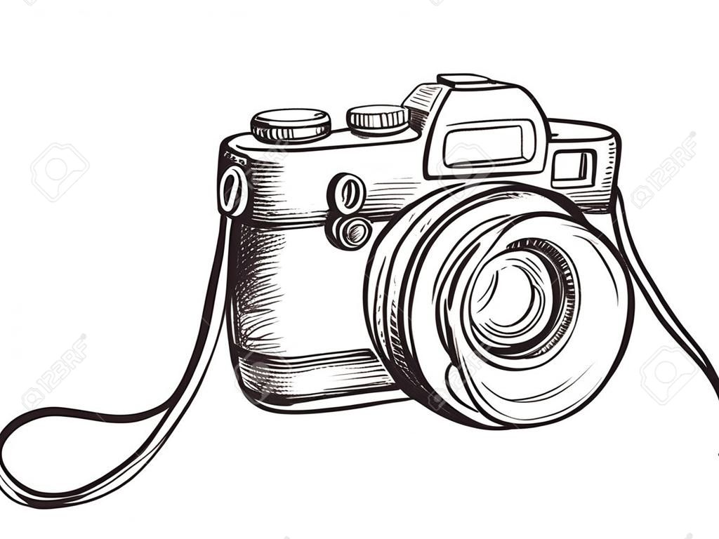 素描复古数码相机矢量手绘插图