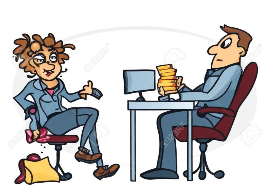 Cartoon illustration with sloppy young woman on job interview, eating sandwich, wearing dirty and wrinkled clothing, behaving rude and unprofessional.