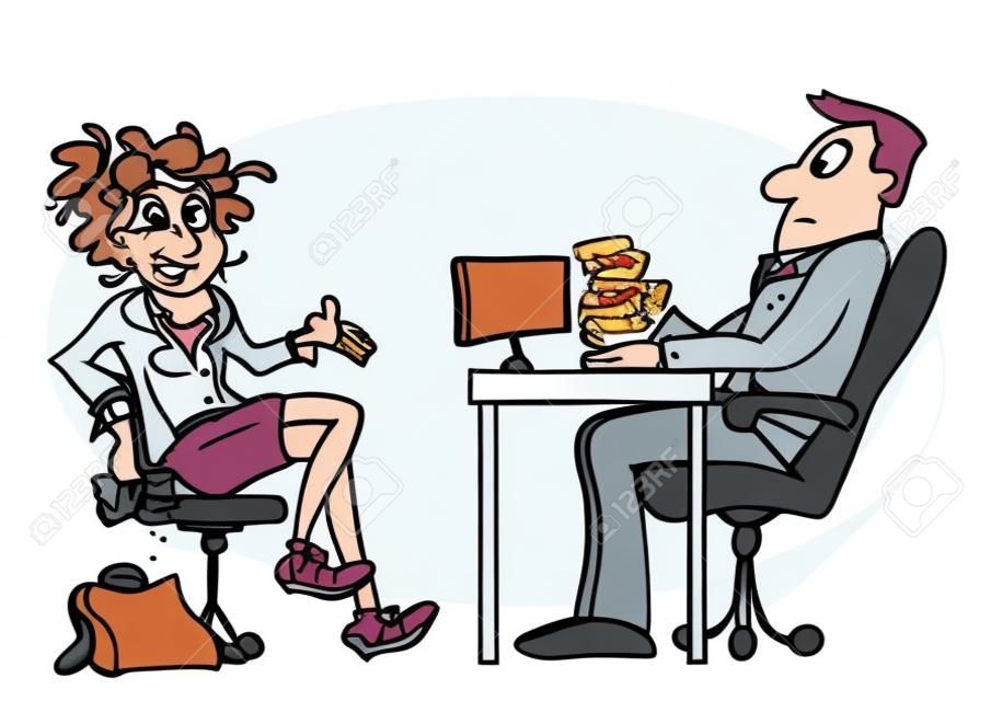 Tekenfilm illustratie met slordige jonge vrouw op het sollicitatiegesprek, eten sandwich, het dragen van vuile en gerimpelde kleding, zich grof en onprofessioneel gedragen.