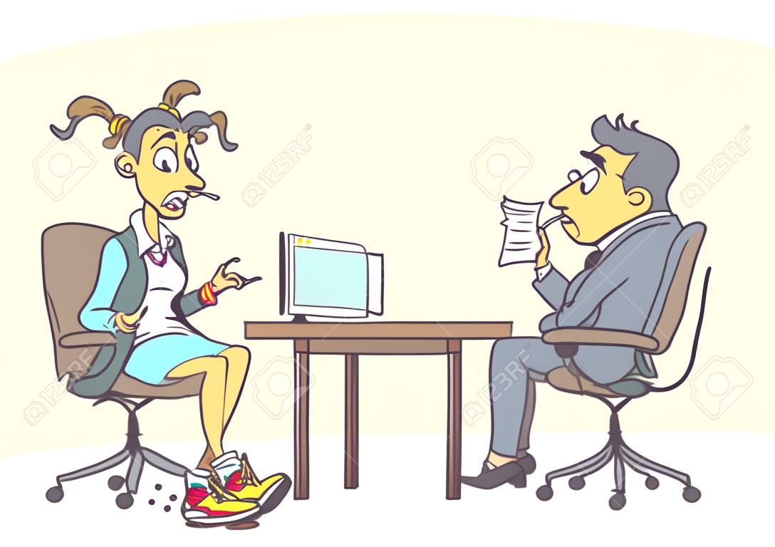 Cartoon illustration with sloppy young woman on job interview, eating sandwich, wearing dirty and wrinkled clothing, behaving rude and unprofessional.