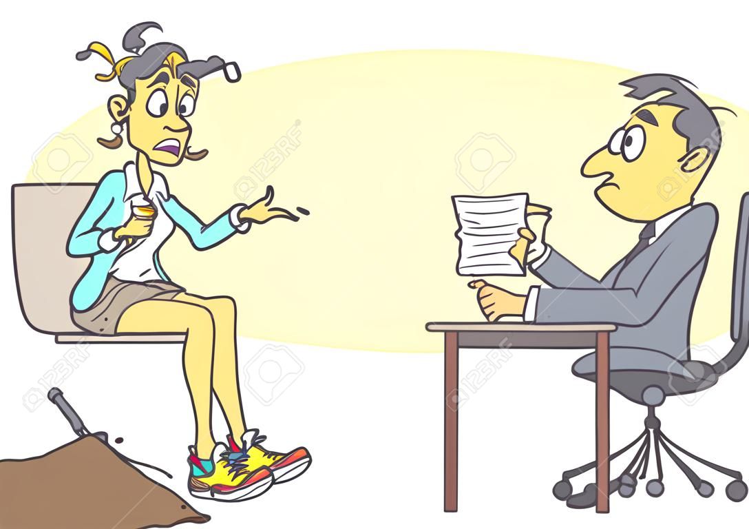 Illustrazione del fumetto con giovane donna sciatta sul colloquio di lavoro, mangiando sandwich, indossando abiti sporchi e rugosi, comportandosi maleducato e poco professionale.
