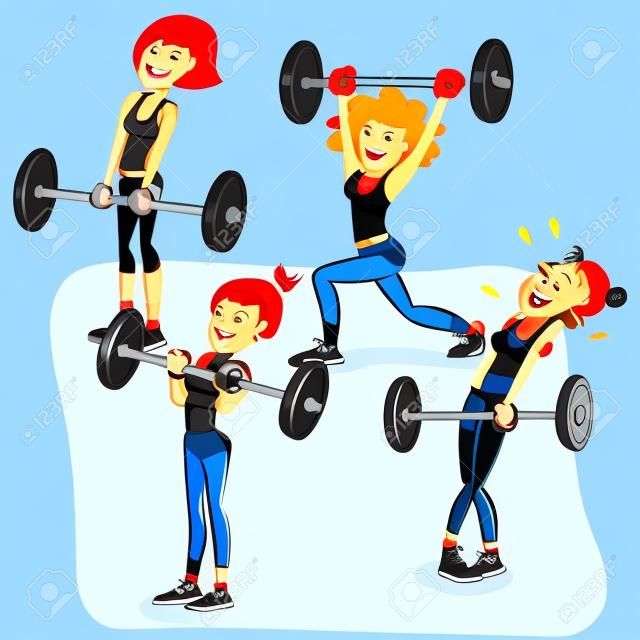Fumetto divertente di vettore con il gruppo di donna che si esercita con i pesi, uno è tutto sudato e lottante