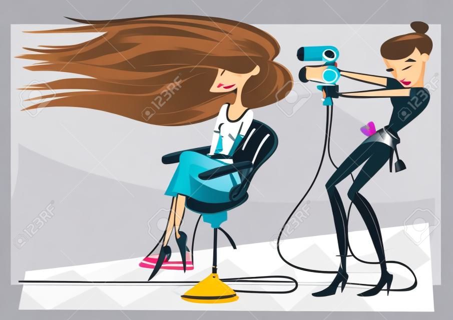 Kuaför müşteri üzerinde saç kurutma makinesi kullanarak sevimli vektör karikatür
