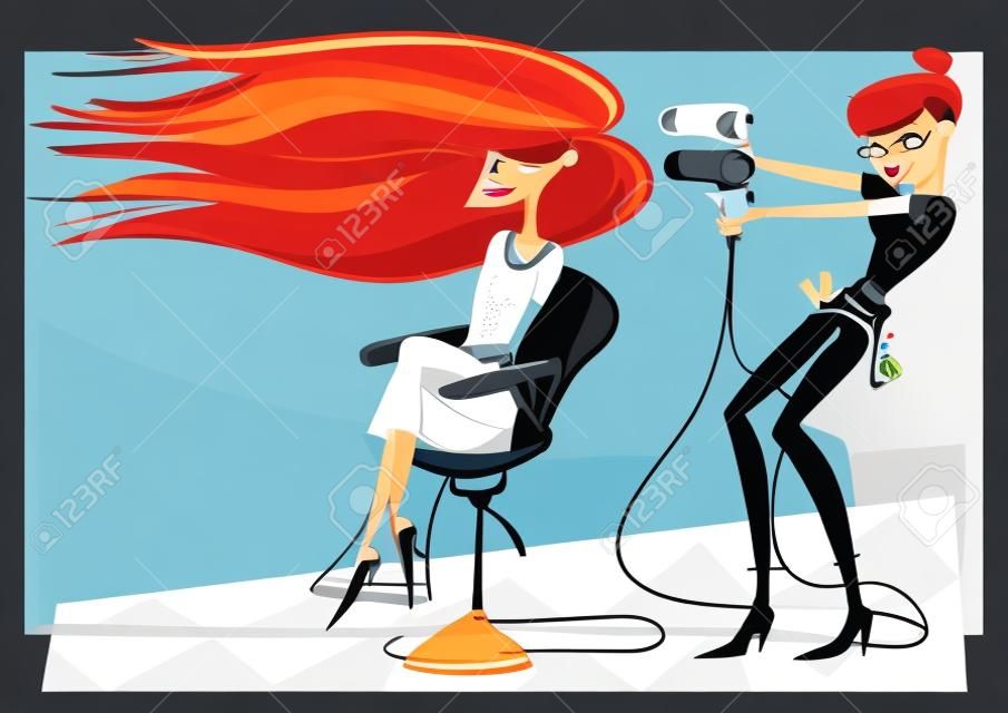 Kuaför müşteri üzerinde saç kurutma makinesi kullanarak sevimli vektör karikatür