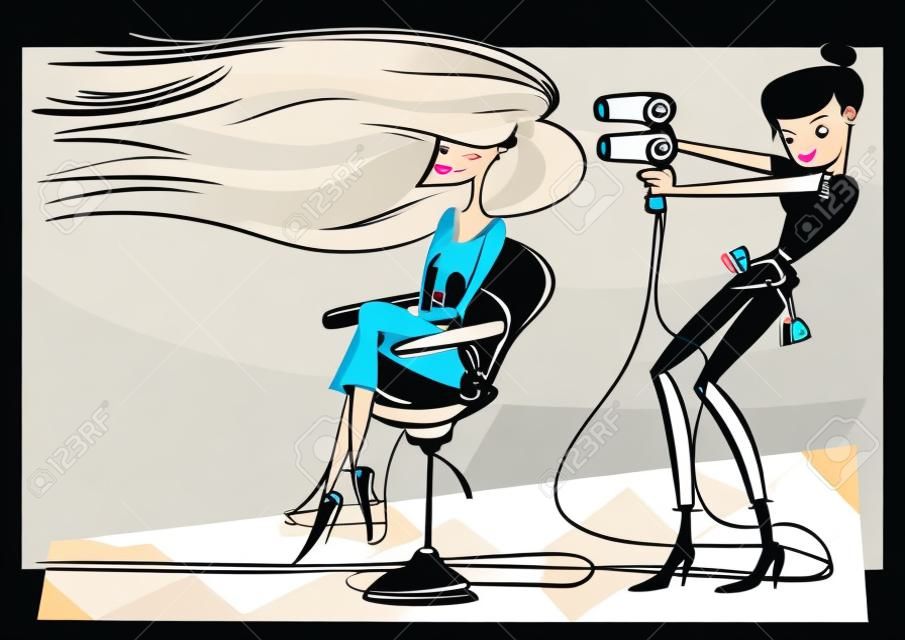 Carino cartoon cartoon di parrucchiere con asciugacapelli sul cliente
