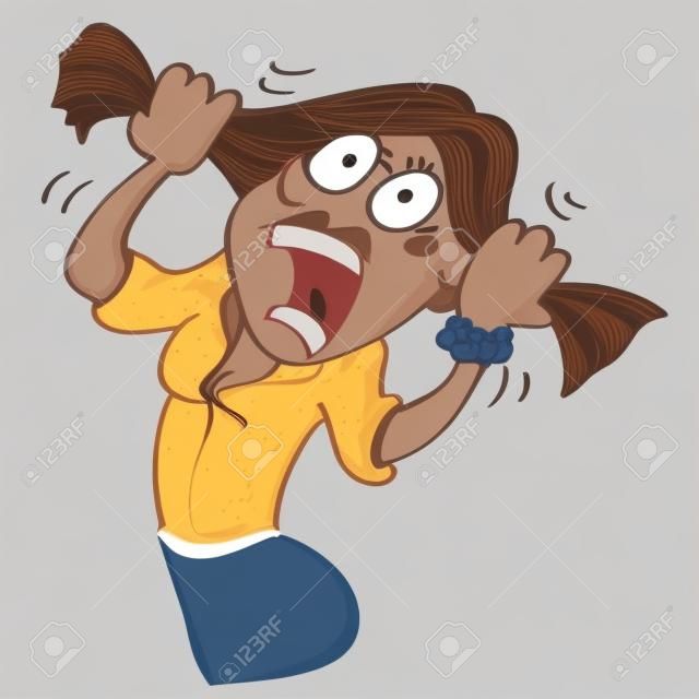 Mujer tirando de su cabello en estado de angustia y pánico, dibujos animados vector aislado sobre fondo blanco