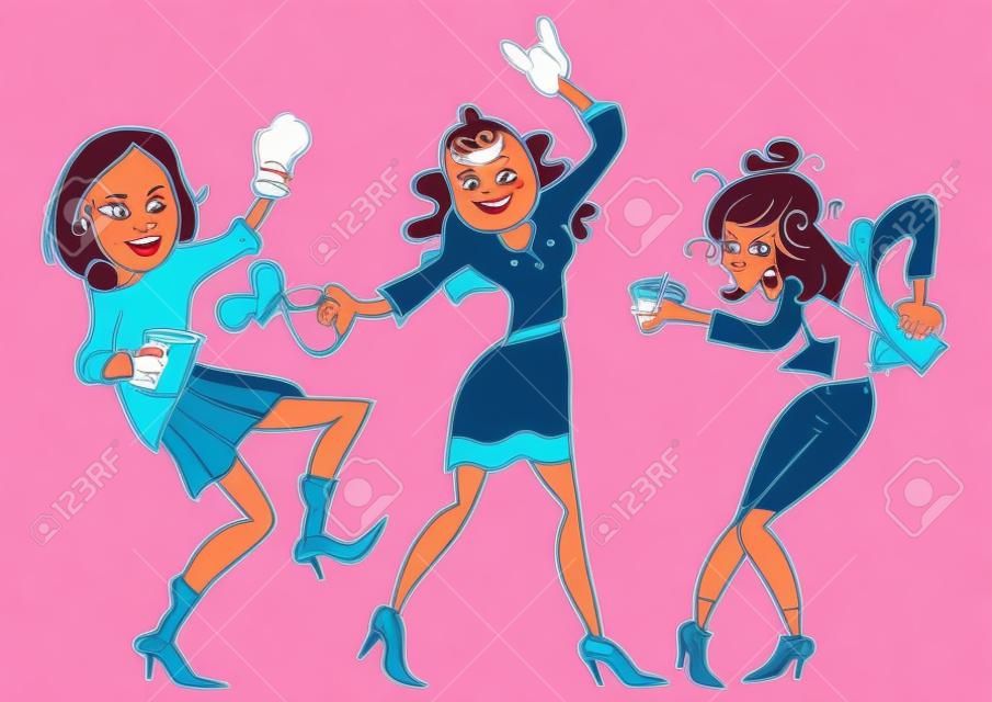 Groep vrouwen feesten, grappige vector cartoon geïsoleerd op witte achtergrond