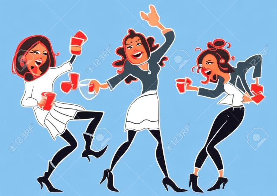 Gruppe feiernde Frauen, lustige Vektorkarikatur lokalisiert auf weißem Hintergrund