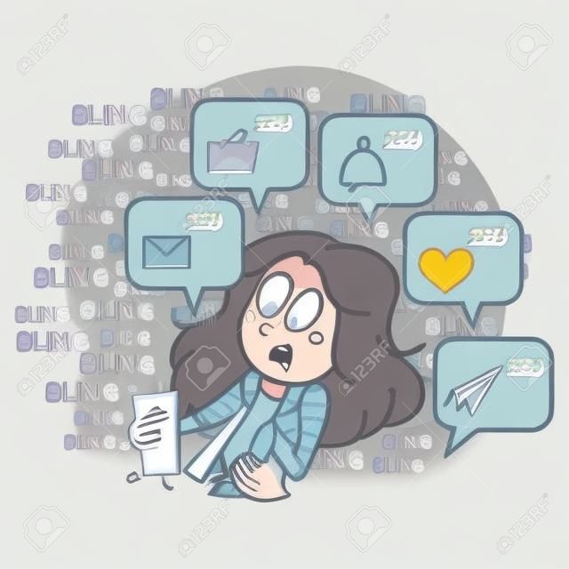 Funny cartoon of surprised woman getting hundred of comments and messages on internet, vector illustration