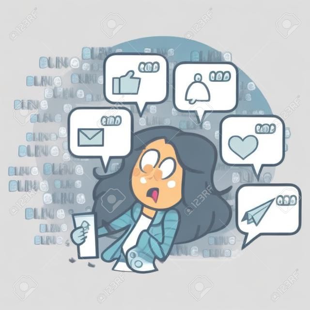 Funny cartoon of surprised woman getting hundred of comments and messages on internet, vector illustration