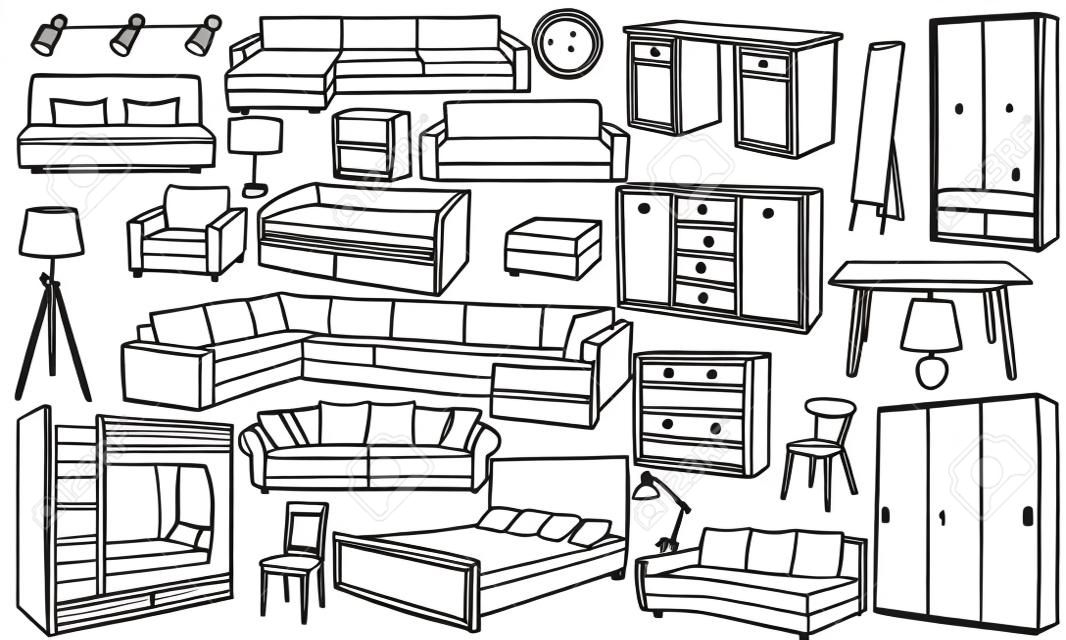 传染媒介设置与家具，装饰元素和修理属性手拉的乱画在白色背景的。孤立的家具，灯具，窗帘，沙发。设计中使用的草图