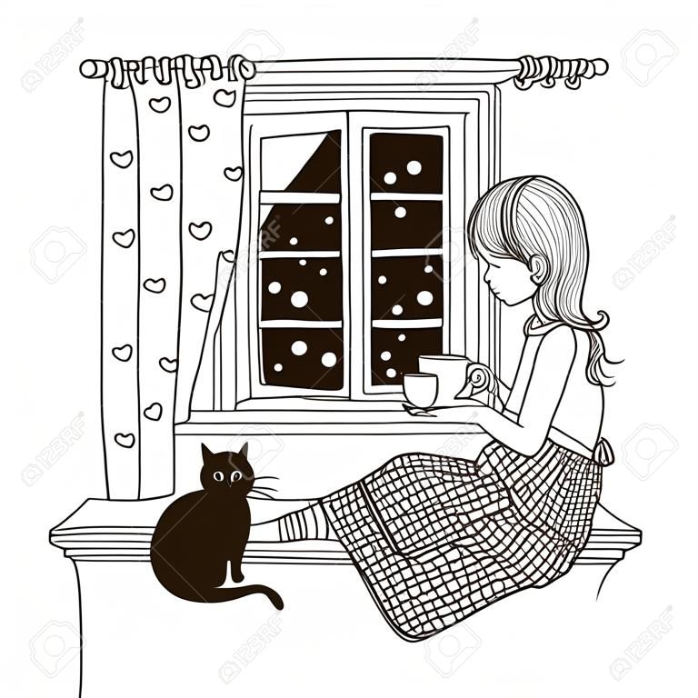 女の子は窓の上に座って窓の外を見て、猫を熱いお茶とコーヒーの手に持っています。黒と白のドローイング、塗り絵。