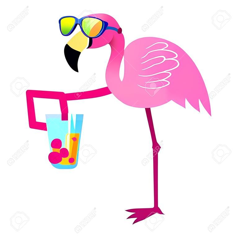Fenicottero rosa del fumetto isolato su priorità bassa bianca. Illustrazione vettoriale di uccello tropicale estate con un personaggio divertente per libri per bambini, stampa, tessuto, poster, cartolina.