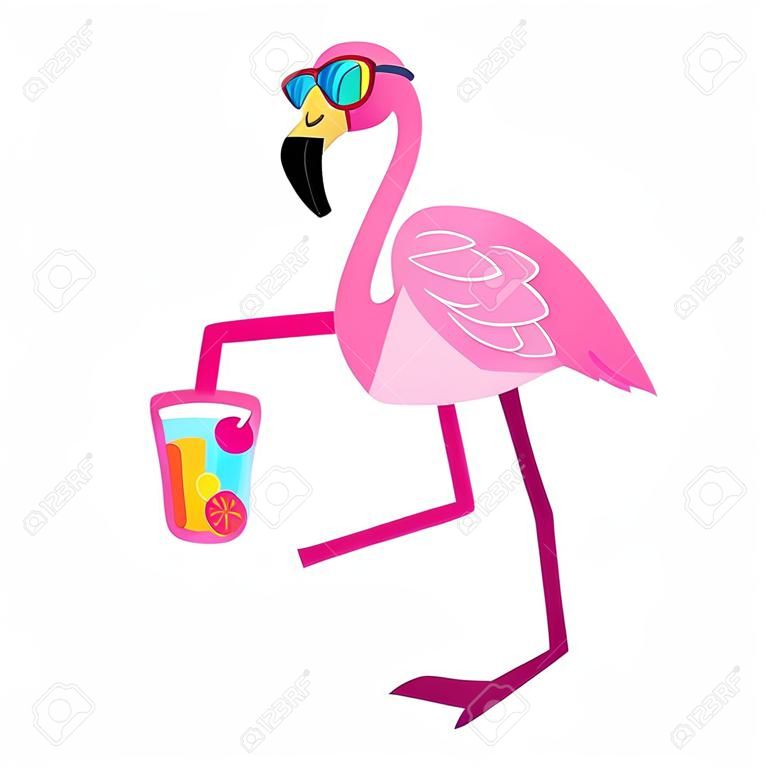 Fenicottero rosa del fumetto isolato su priorità bassa bianca. Illustrazione vettoriale di uccello tropicale estate con un personaggio divertente per libri per bambini, stampa, tessuto, poster, cartolina.