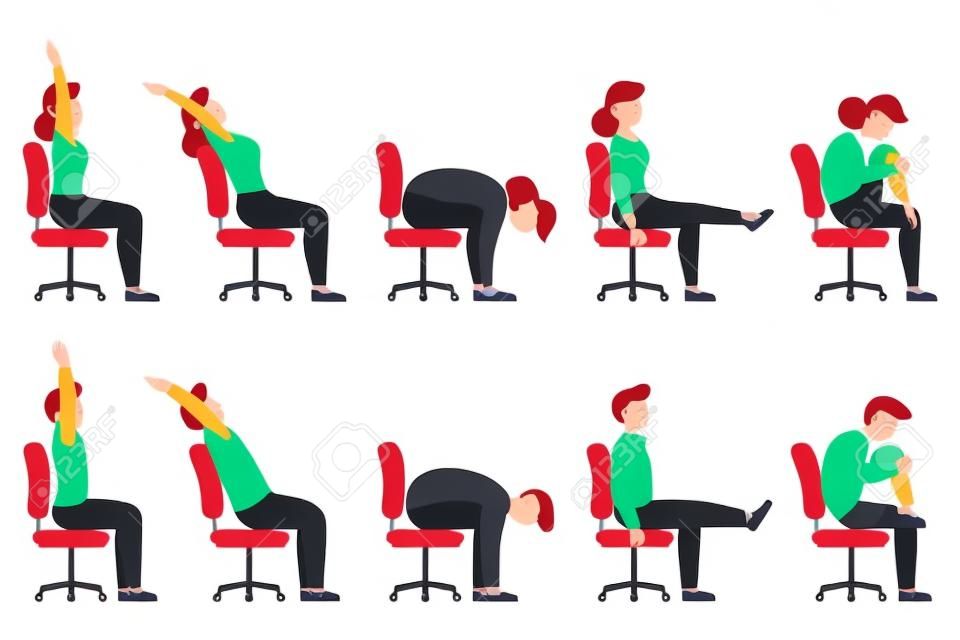 Set van vrouwen en mannen die kantoorstoel oefeningen. Bundel van werknemers training voor gezonde rug, nek, armen, benen. Sport voor het welzijn. Vector illustratie geïsoleerd op witte achtergrond.