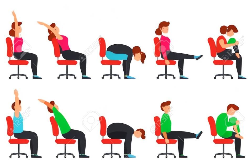 Set van vrouwen en mannen die kantoorstoel oefeningen. Bundel van werknemers training voor gezonde rug, nek, armen, benen. Sport voor het welzijn. Vector illustratie geïsoleerd op witte achtergrond.