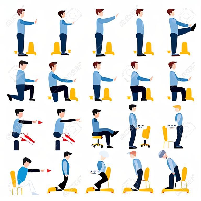 Instructions men doing office chair yoga. Set of business man workout for healthy back, neck, arms, legs. Sport exercises for wellbeing of workers. Vector illustration isolated on white background.