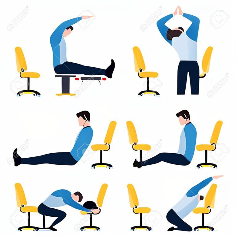 Instrucciones hombres haciendo yoga silla de oficina. Conjunto de entrenamiento de hombre de negocios para espalda, cuello, brazos, piernas saludables. Ejercicios deportivos para el bienestar de los trabajadores. Ilustración vectorial aislada sobre fondo blanco.