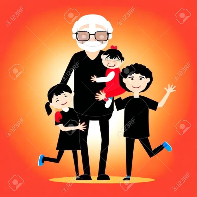 Abuelo con sus nietos. Ilustración del vector en estilo de dibujos animados