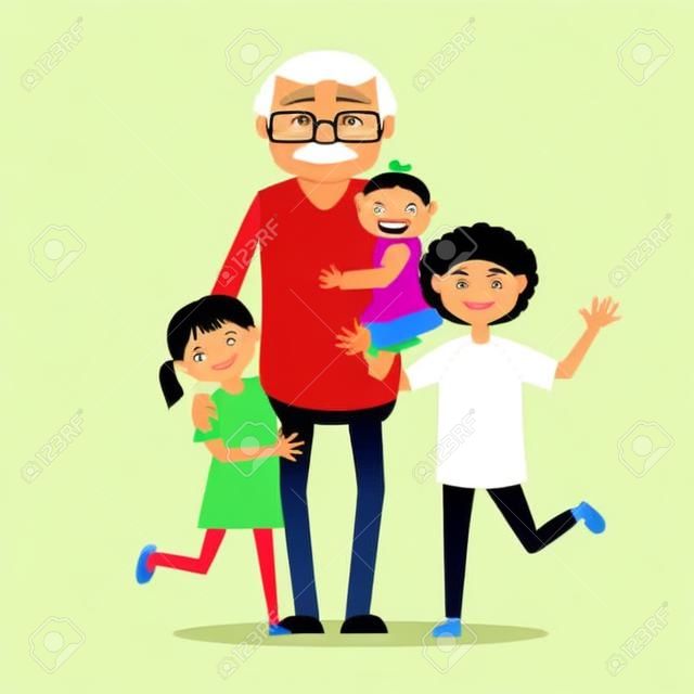 Abuelo con sus nietos. Ilustración del vector en estilo de dibujos animados