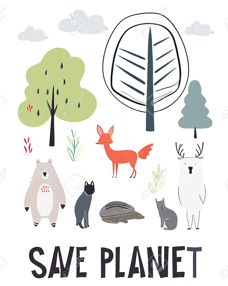 지구를 구하다. 지구의 날의 손으로 그리는 벡터 일러스트 레이 션. 스칸디나비아 스타일의 세계 환경의 날 포스터