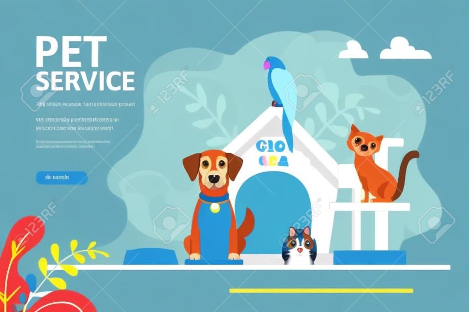 Concept of pets care services and zooshop. Bringing puppy to grooming, veterinary service. Pet hotel, daycare and animal store. Landing page or website template. Trendy flat vector illustration